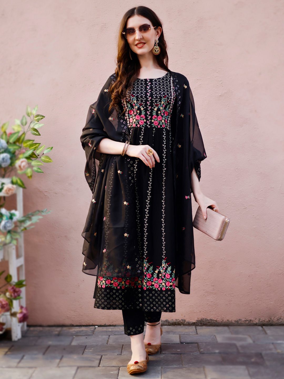 Kalini Floral Embroidered A-Line Thread Work Kurta with Trousers & Dupatta - Distacart
