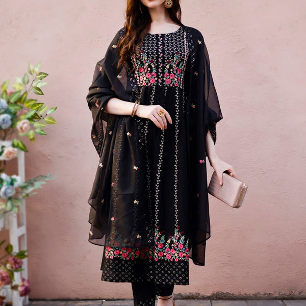 Kalini Floral Embroidered A-Line Thread Work Kurta with Trousers & Dupatta - Distacart