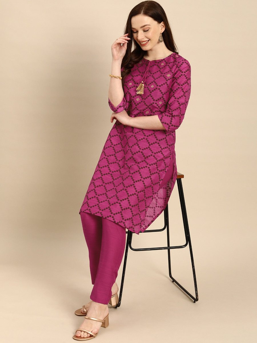 All About You Women Purple & Maroon Printed Kurta with Trousers - Distacart