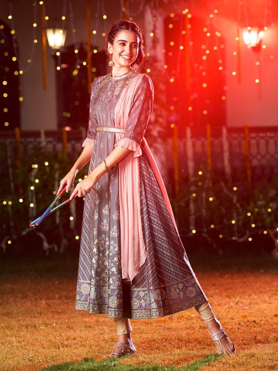 AURELIA Gunmetal-Toned & Peach-Coloured Ethnic Motifs Ethnic Maxi Ethnic Dress with Shawl - Distacart