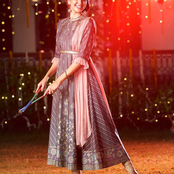 AURELIA Gunmetal-Toned & Peach-Coloured Ethnic Motifs Ethnic Maxi Ethnic Dress with Shawl - Distacart
