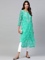 Thumbnail for ADA Women Sea Green & White Chikankari Embroidered Kurta with Trousers - Distacart
