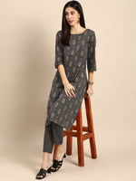 Thumbnail for All About You Women Grey Ethnic Motifs Printed Pure Cotton Kurta with Trousers - Distacart