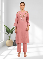 Thumbnail for Joban Fashion Pink Linen Embroidered Readymade Long Kurta With Pant - Distacart