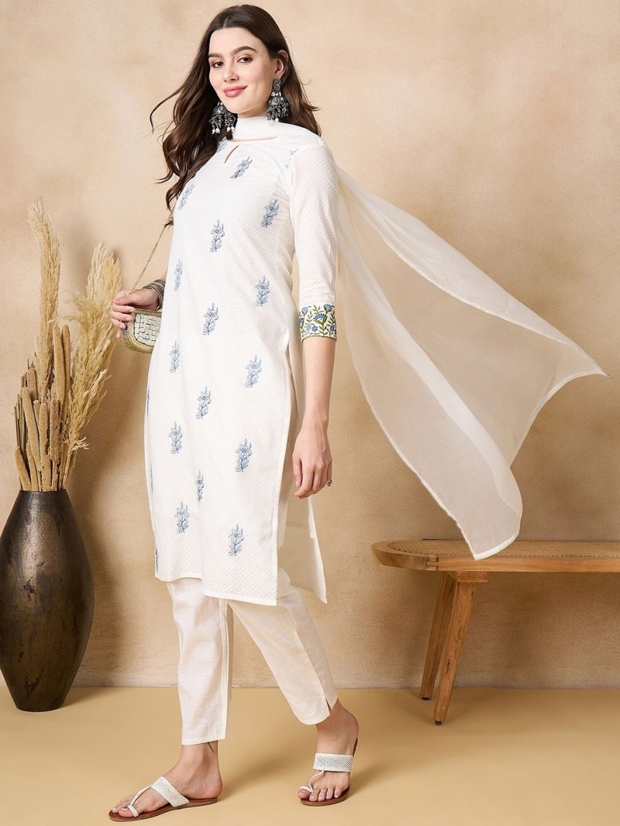 Anouk Floral Embroidered Thread Work Pure Cotton Straight Kurta with Trousers & Dupatta