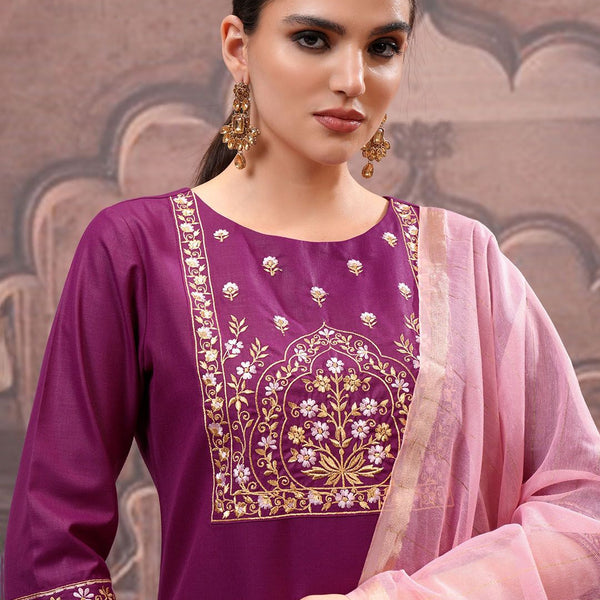 Vishudh Magenta Ethnic Motifs Embroidered Straight Kurta with Trouser & Dupatta - Distacart