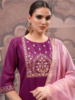 Thumbnail for Vishudh Magenta Ethnic Motifs Embroidered Straight Kurta with Trouser & Dupatta