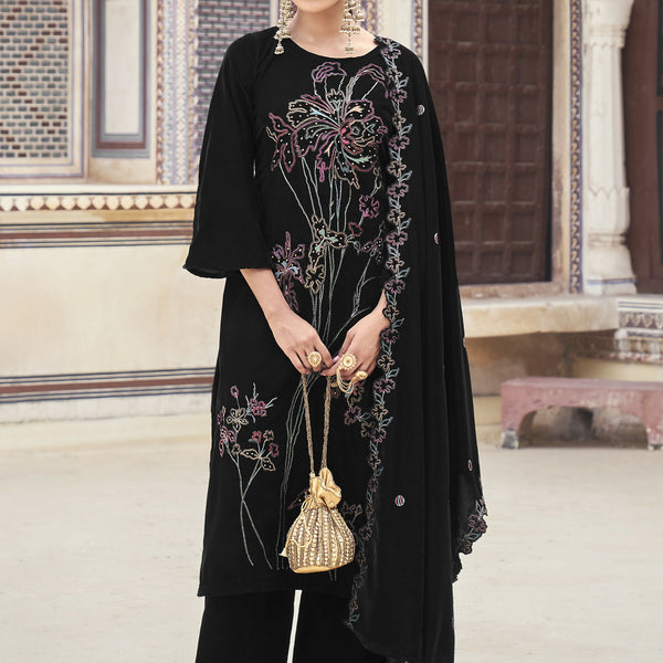 Jyoti Fashion Women's Black Velvet Resham Thread with Jari & Sequin Kurta with Trouser & Dupatta - Distacart