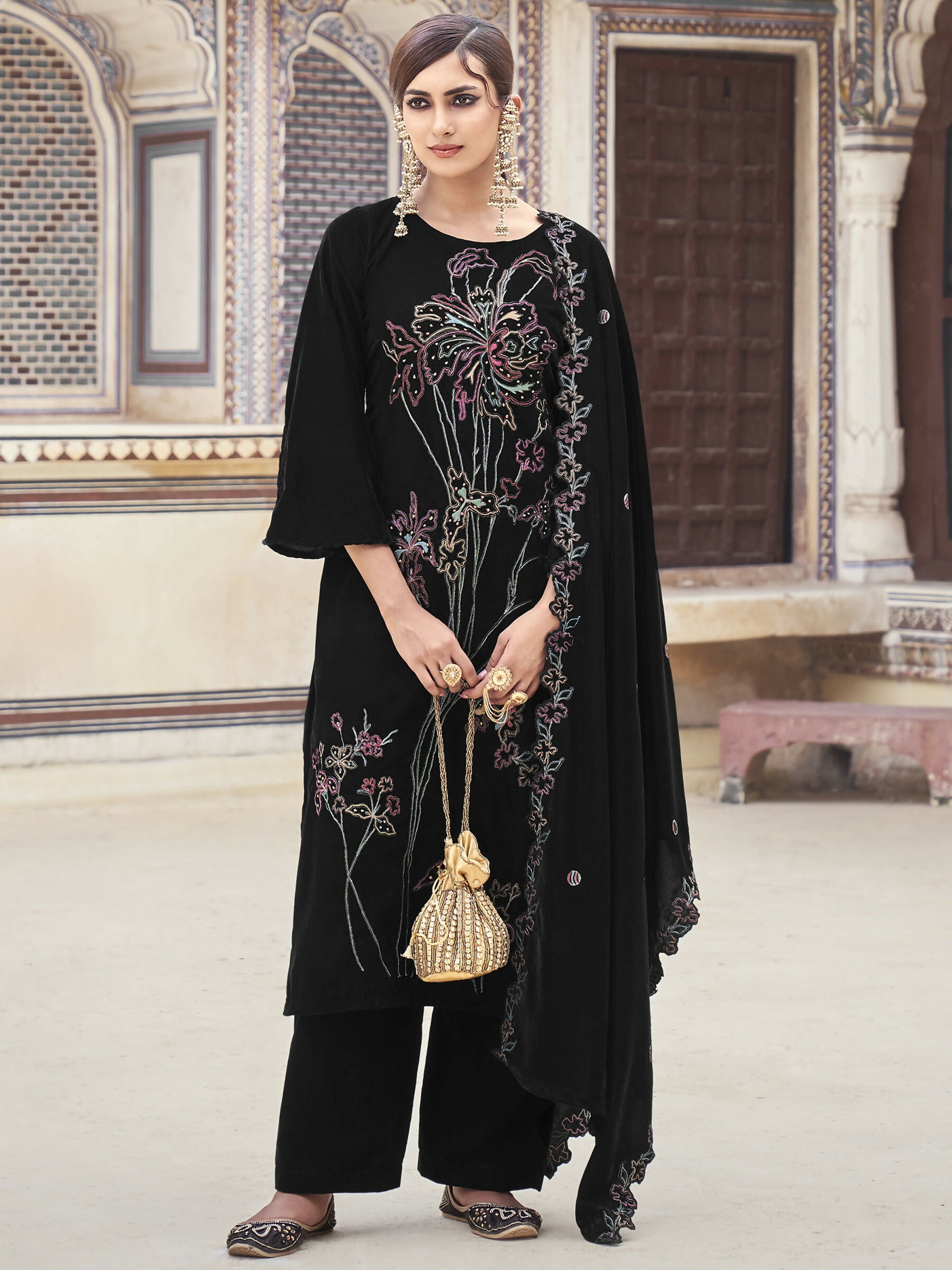Jyoti Fashion Women's Black Velvet Resham Thread with Jari & Sequin Kurta with Trouser & Dupatta - Distacart