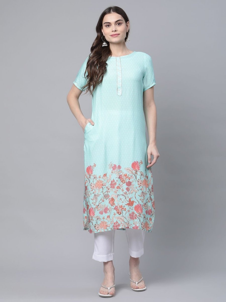 Ahalyaa Women Sky Blue Rayon Printed Kurta Pant Set