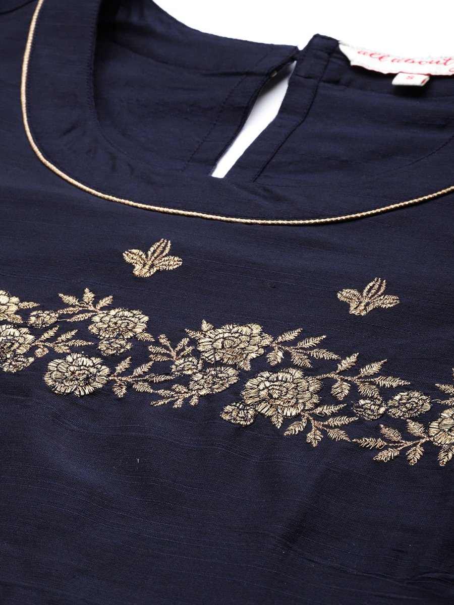 All About You Women Navy Blue Floral Thread Work Kurta with Trousers & With Dupatta - Distacart