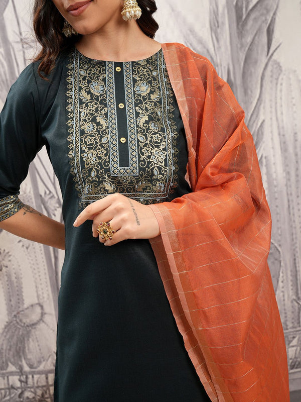 Vishudh Green Round Neck Printed Regular Straight Kurta with Trousers & With Dupatta
