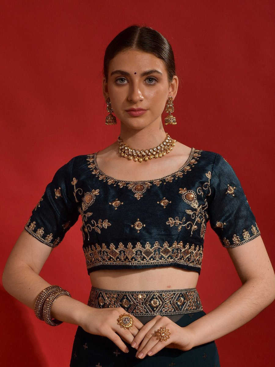 Anouk Teal & Gold-Toned Embellished Embroidered Pure Georgette Saree - Distacart