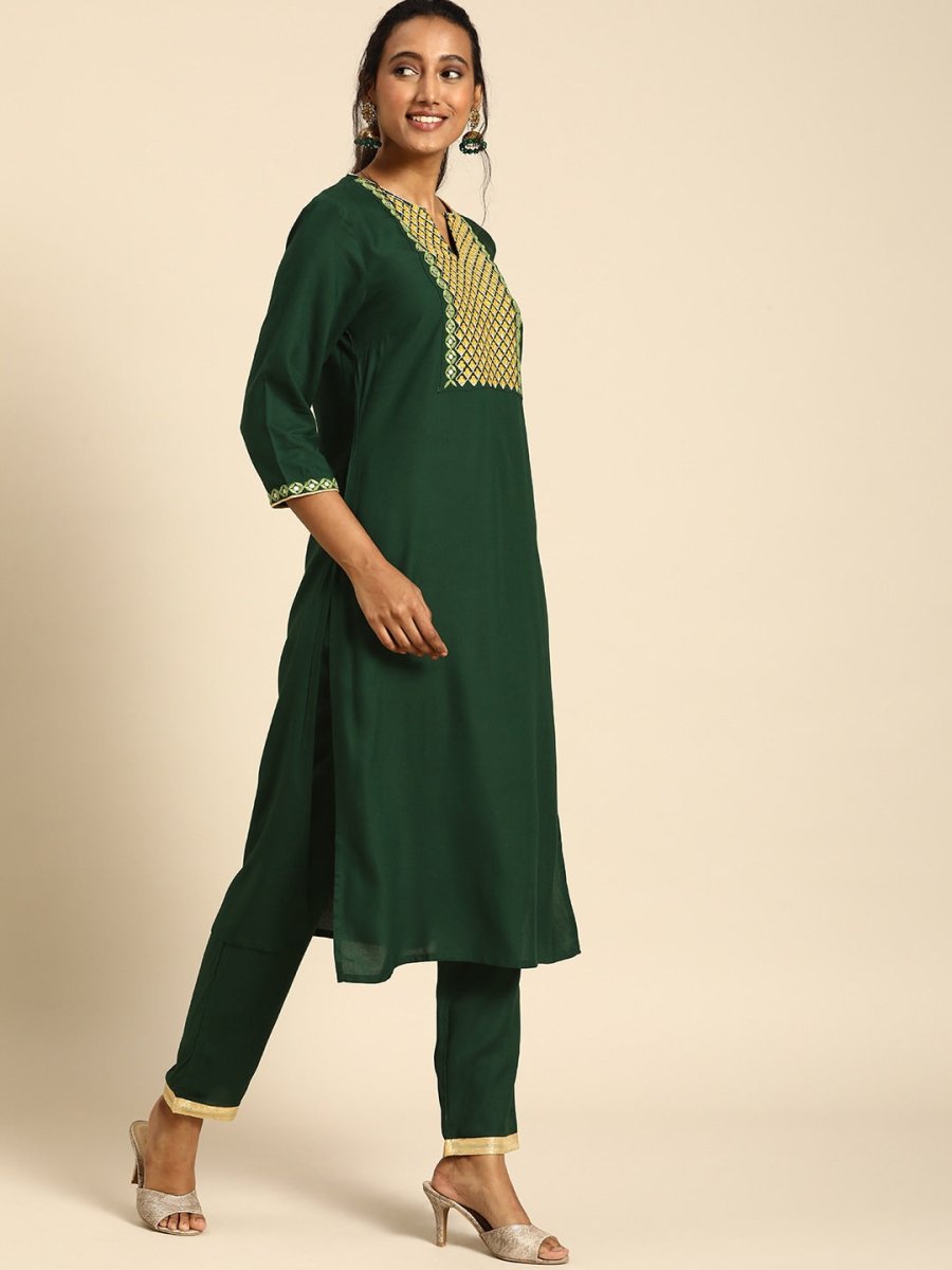 All About You Women Green Ethnic Motifs Yoke Design Regular Thread Work Kurta with Trousers - Distacart