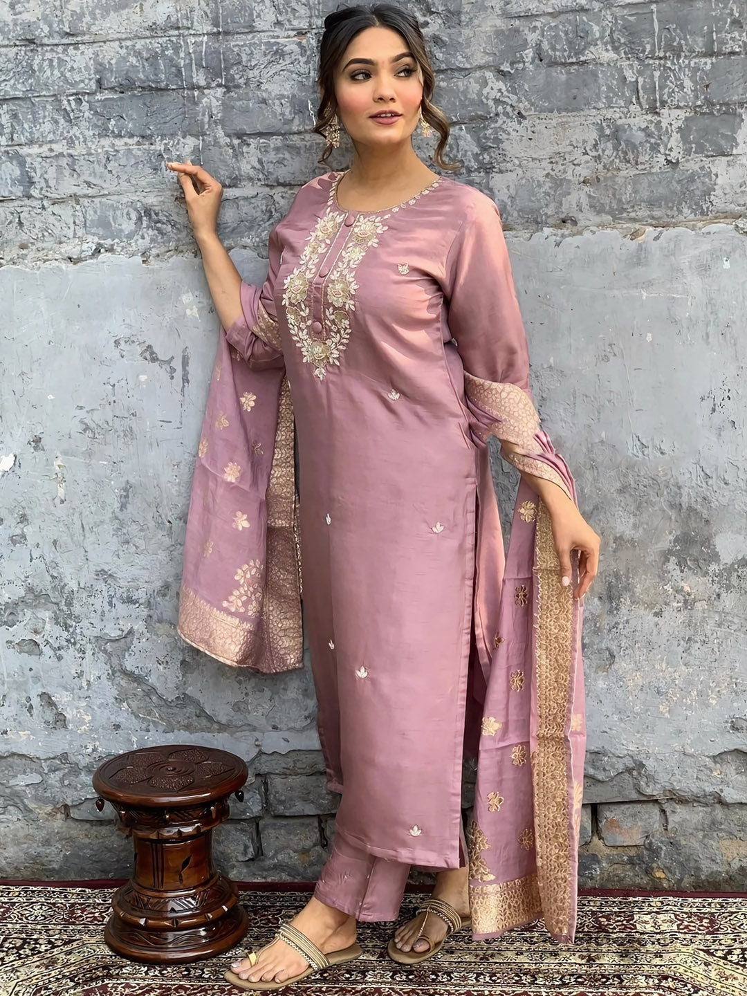 Kalini Ethnic Motifs Embroidered Zari Chanderi Cotton Kurta With Trousers & Dupatta - Distacart