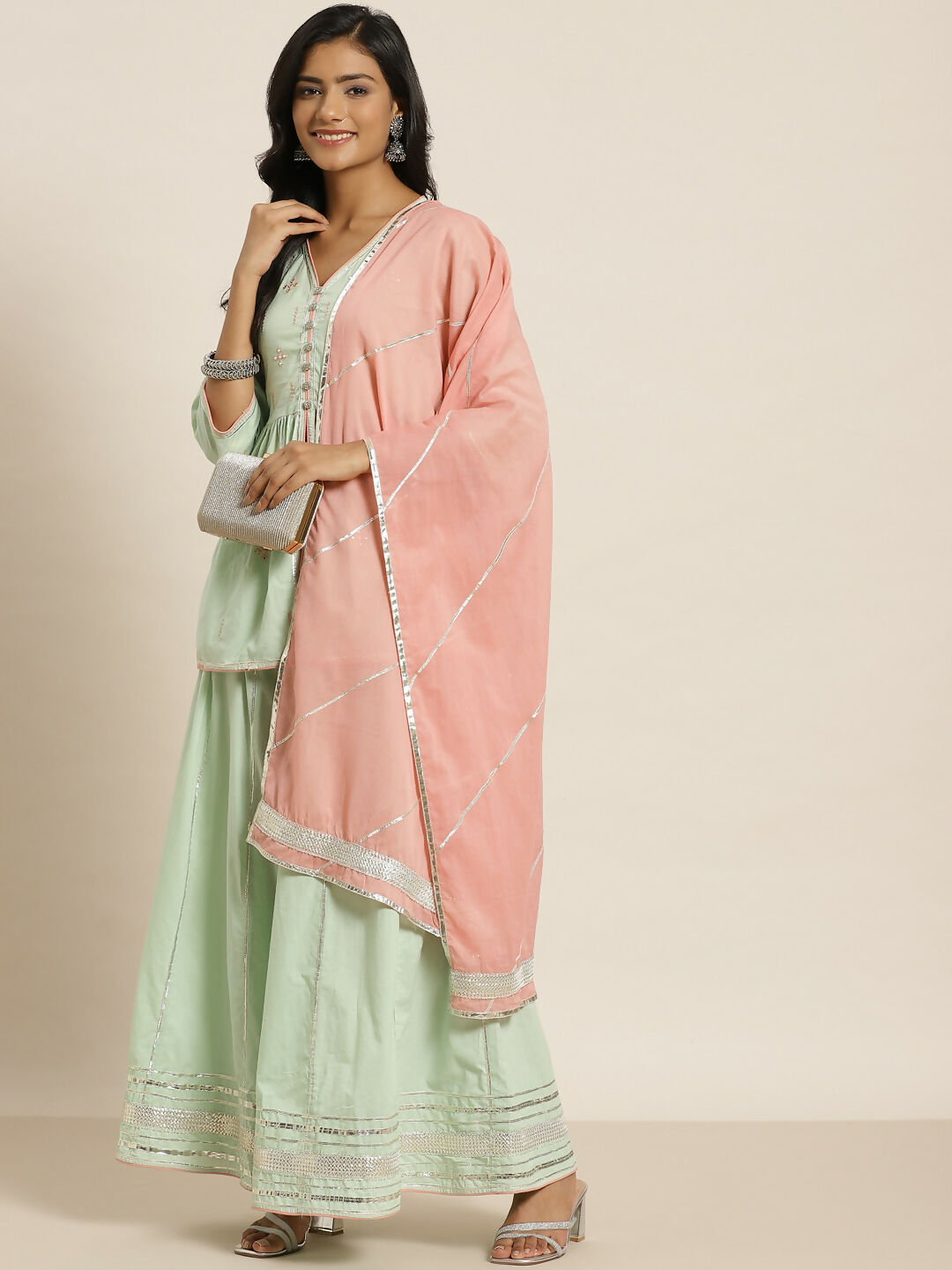 Juniper Pista Green Thread Embroidered Kurta Palazzo & Cotton Dupatta Set - Distacart