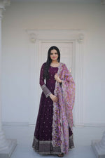 Thumbnail for Jyoti Fashion Women's Wine Faux Blooming Sequence Zari Embroidered Anarkali Dress with Dupatta - Distacart