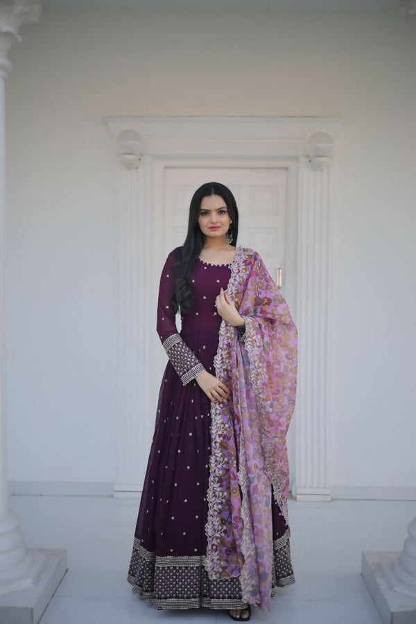 Jyoti Fashion Women's Wine Faux Blooming Sequence Zari Embroidered Anarkali Dress with Dupatta - Distacart