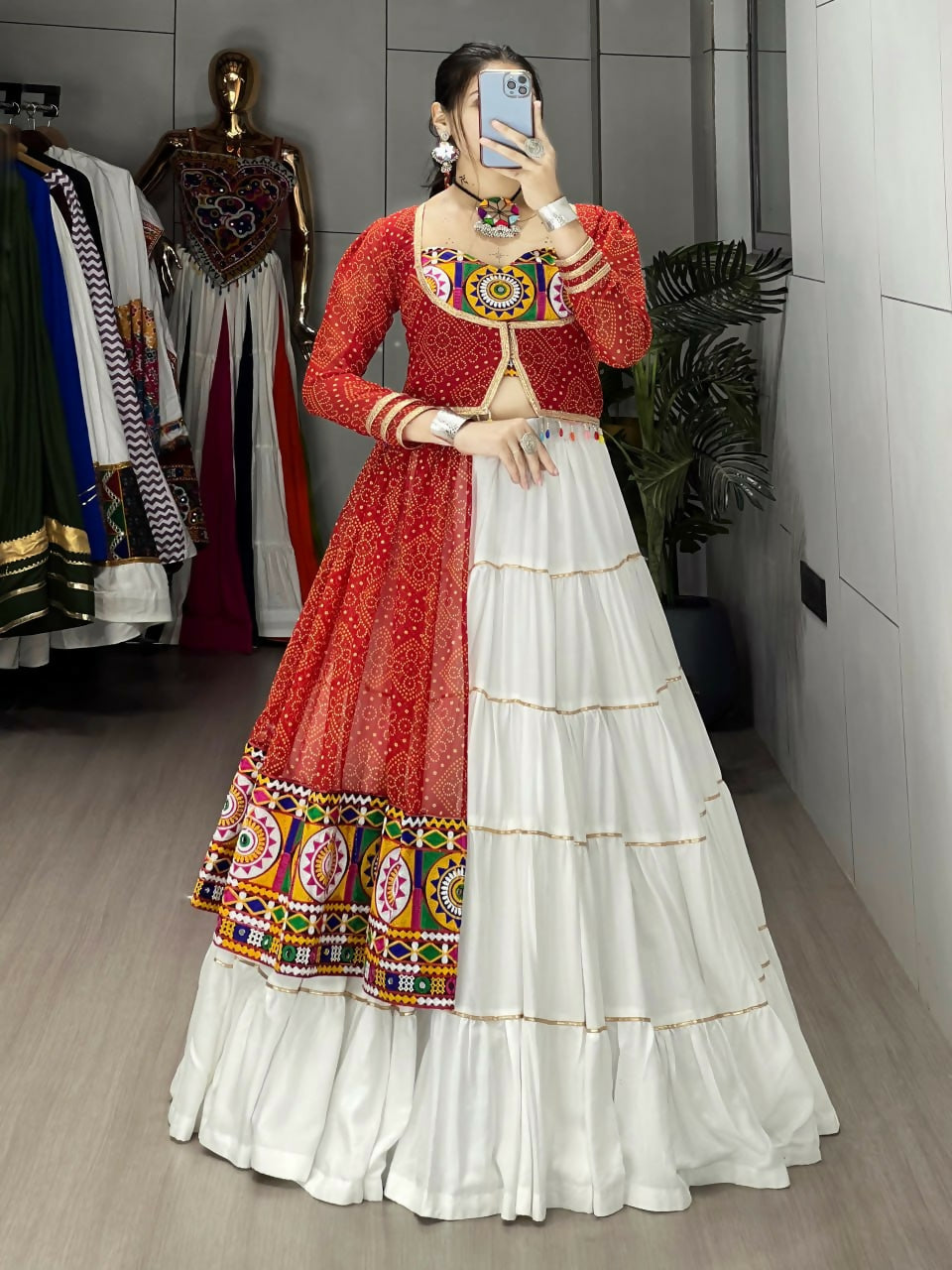 Yash Enterprise Red And White Rayon Cotton Embroidery Semi Stitched Navratri Top Chaniya Choli - Dista