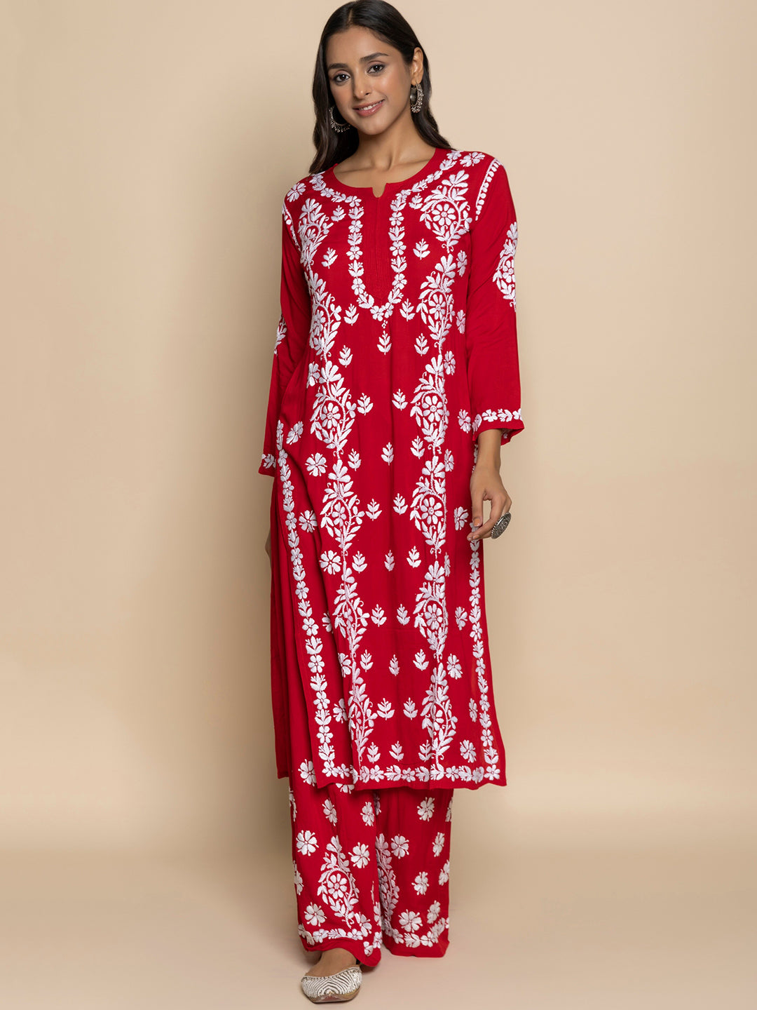 HOUSE OF KARI Floral Embroidered Chikankari Cotton A-Line Kurta - Distacart