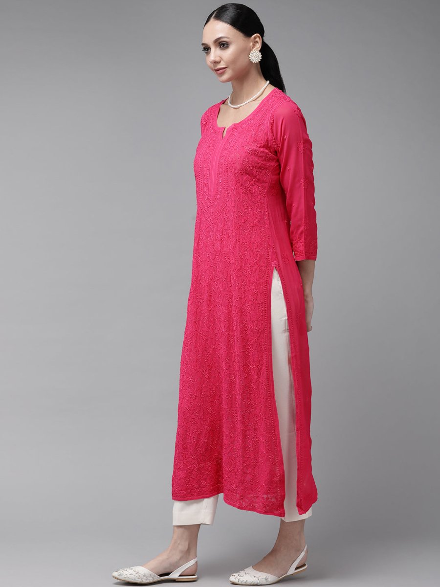 ADA Women Magenta & Magenta Ethnic Motifs Embroidered Chikankari Georgette Kurta - Distacart