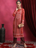 Thumbnail for Vishudh Red Ethnic Motifs Printed Neck Straight Kurta
