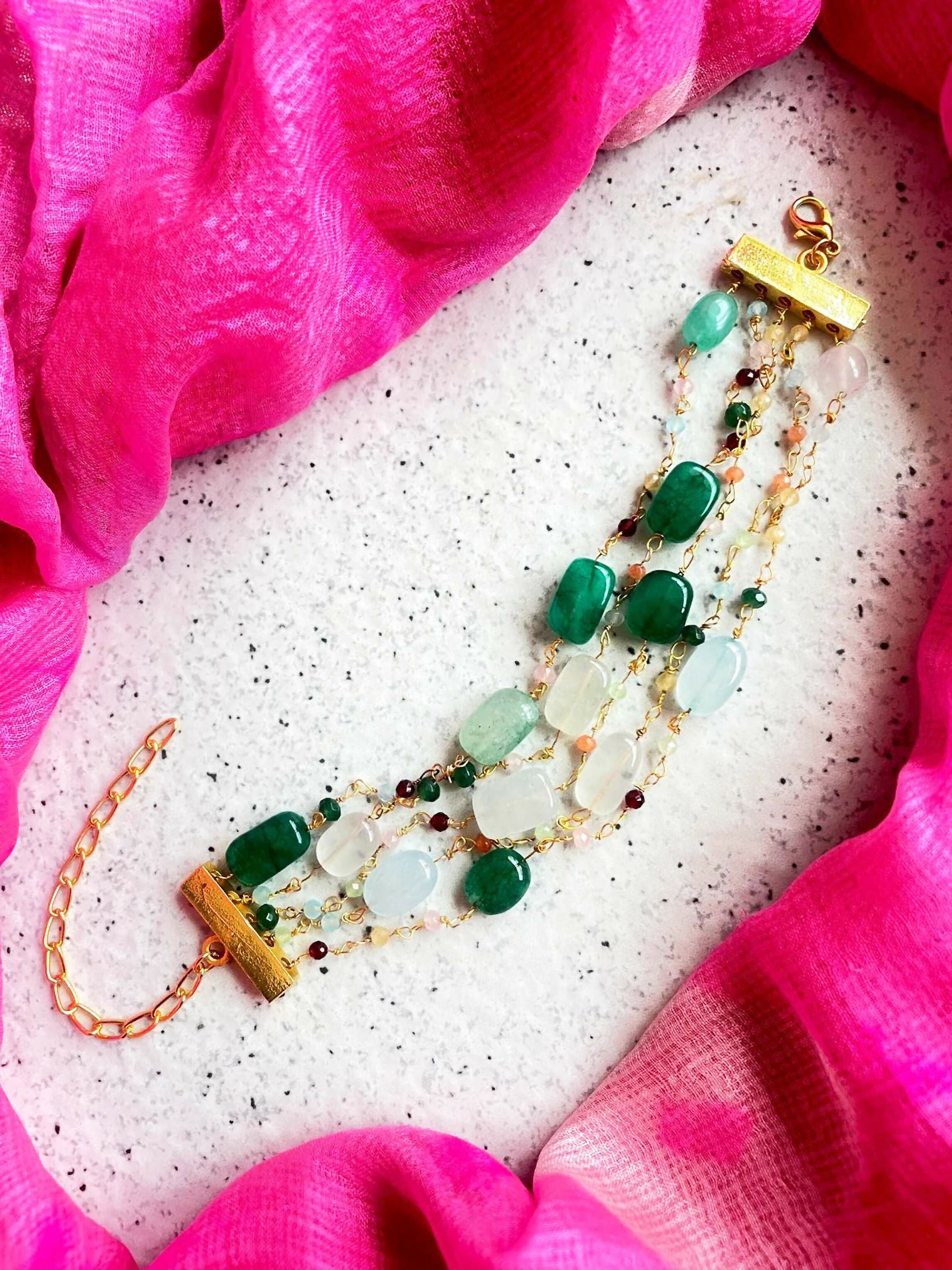 Joban Fashion Green Brass Colourful Zade Stones Trendy Bracelet