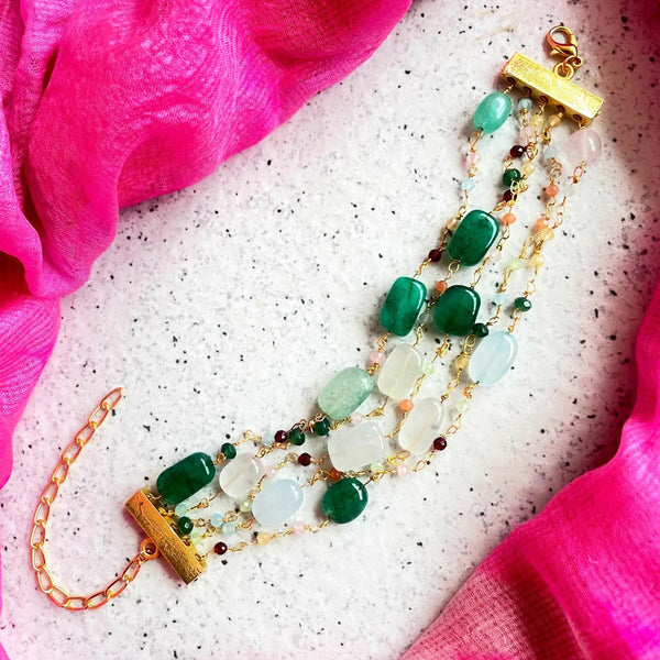 Joban Fashion Green Brass Colourful Zade Stones Trendy Bracelet