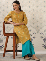 Thumbnail for Ode by House of Pataudi Mustard Yellow & Teal Printed Pure Cotton Kurta with Palazzos - Distacart
