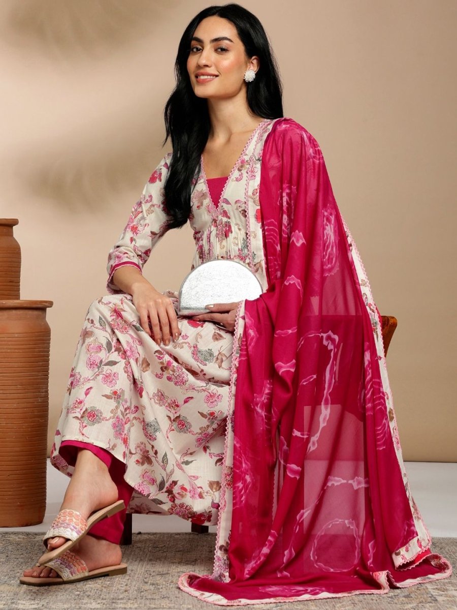 Anouk Cream Floral Printed V-Neck Pure Cotton Anarkali Kurta with Trousers & Dupatta - Distacart