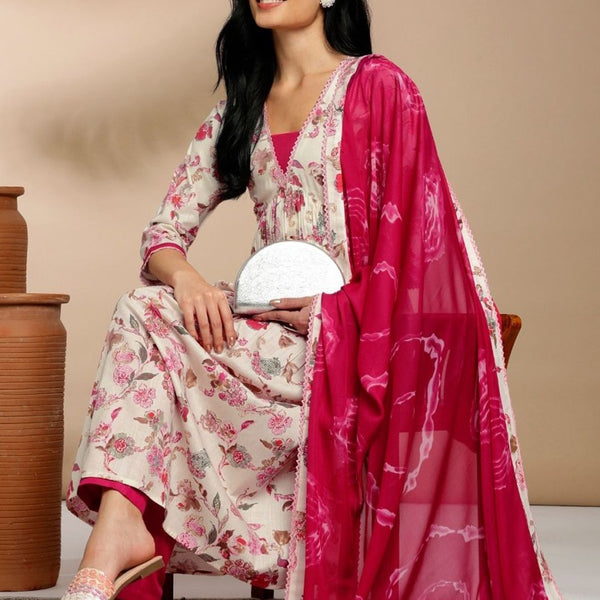 Anouk Cream Floral Printed V-Neck Pure Cotton Anarkali Kurta with Trousers & Dupatta - Distacart