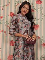 Thumbnail for Ode by House of Pataudi Mandarin Collar Printed Regular Chanderi Silk Straight Kurta Set - Distacart