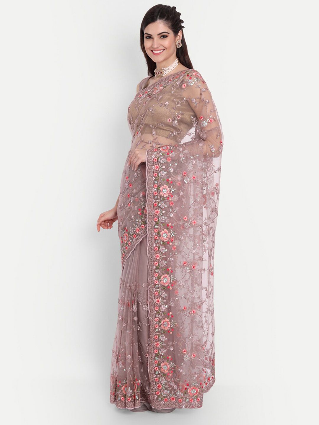 kasee Kasee Lavender & Red Floral Embroidered Net Saree - Distacart