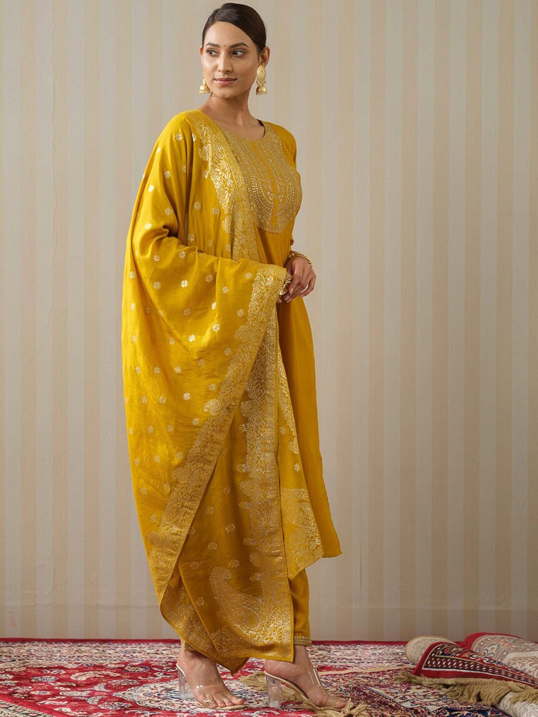 Ode by House of Pataudi Yellow Ethnic Motifs Straight Kurta & Trousers With Dupatta