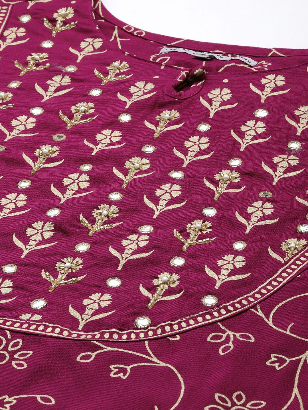 Ode by House of Pataudi Women Magenta Pink Floral Embellished Mirror Work Kurta - Distacart