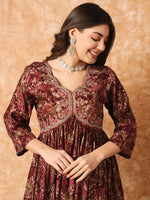 Thumbnail for Kalini Floral Printed Empire Thread Work Anarkali Kurta & Trousers With Dupatta - Distacart