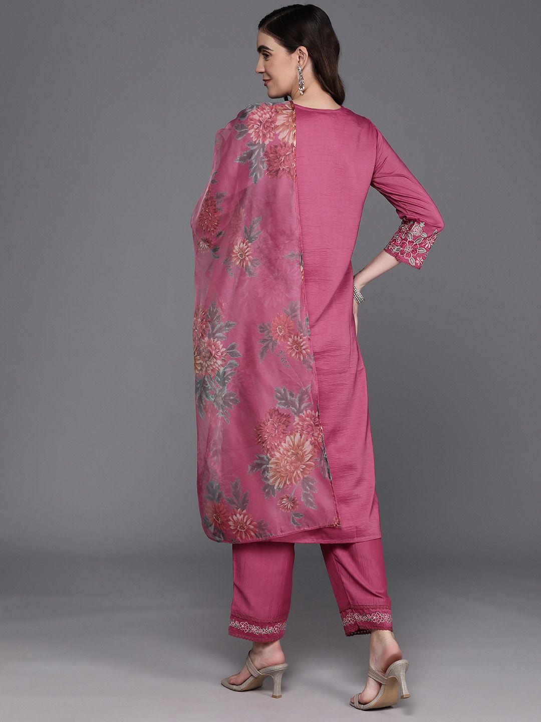 Indo Era Floral Embroidered Thread Work Kurta with Trousers & Dupatta