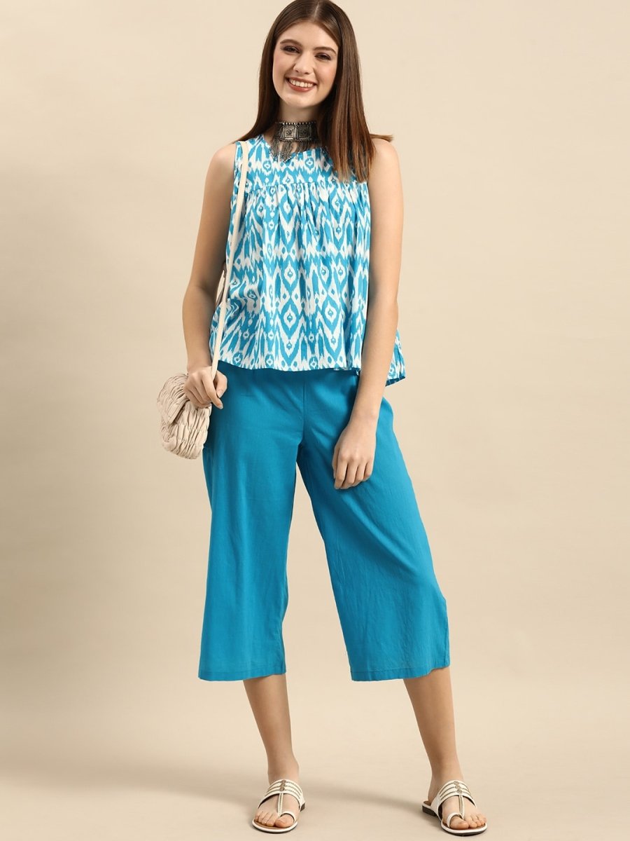 Anouk Women Blue & White Printed Pleated Pure Cotton Kurti with Trousers - Distacart