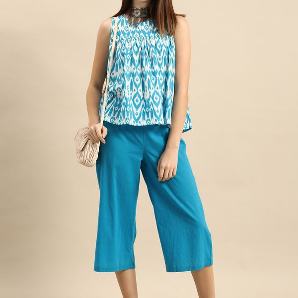Anouk Women Blue & White Printed Pleated Pure Cotton Kurti with Trousers - Distacart