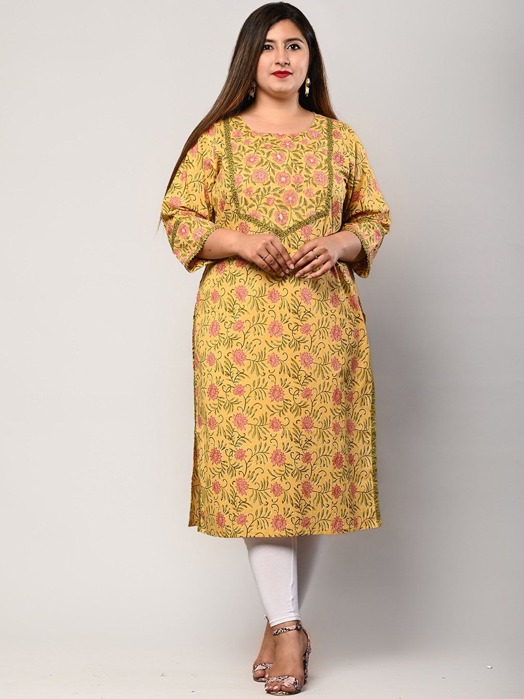 Swasti Women Yellow Floral Printed Flared Sleeves Thread Work Floral Kurta - Distacart