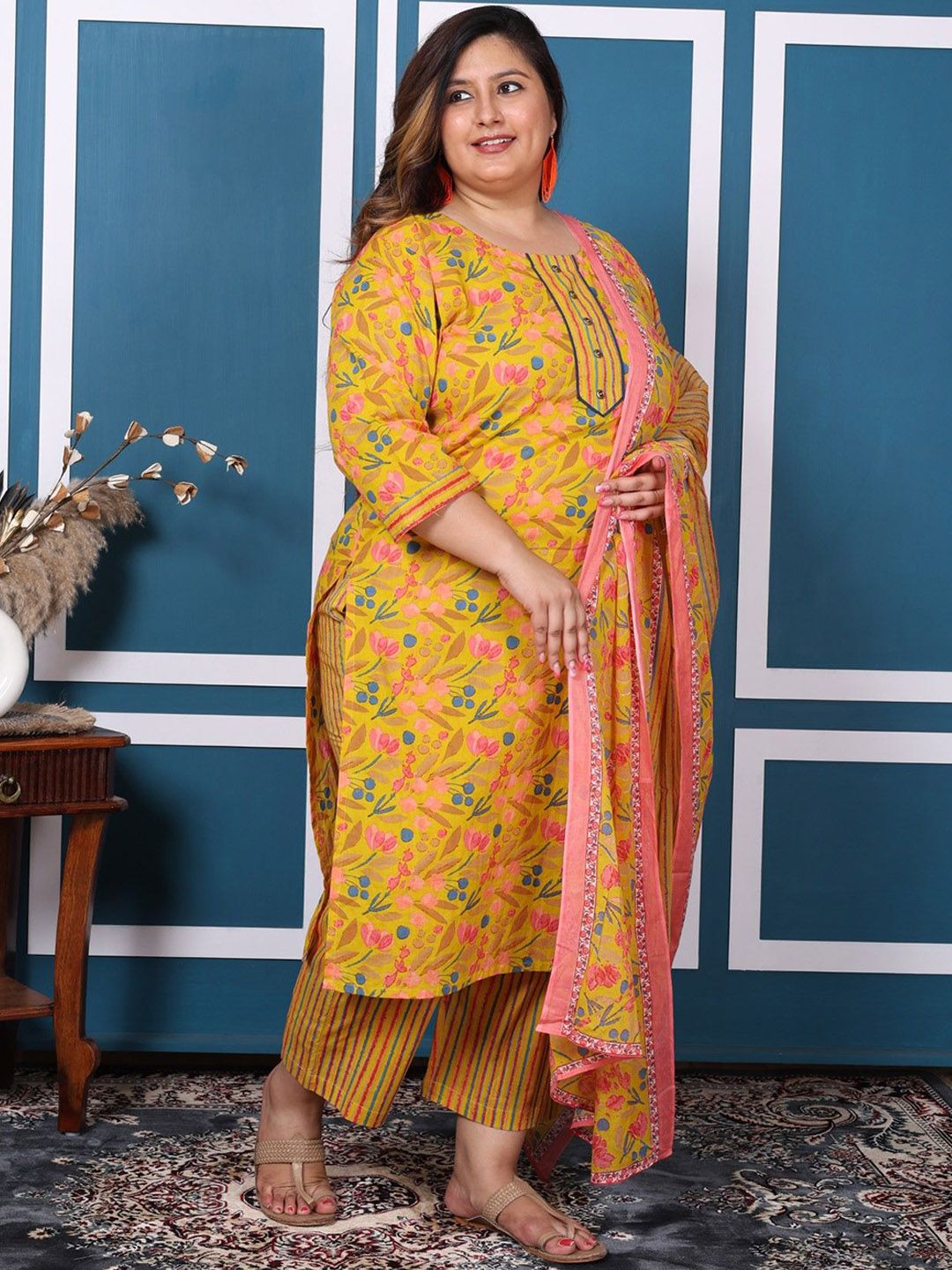 Swasti Plus Size Floral Printed Pure Cotton Straight Kurta with Palazzos & With Dupatta