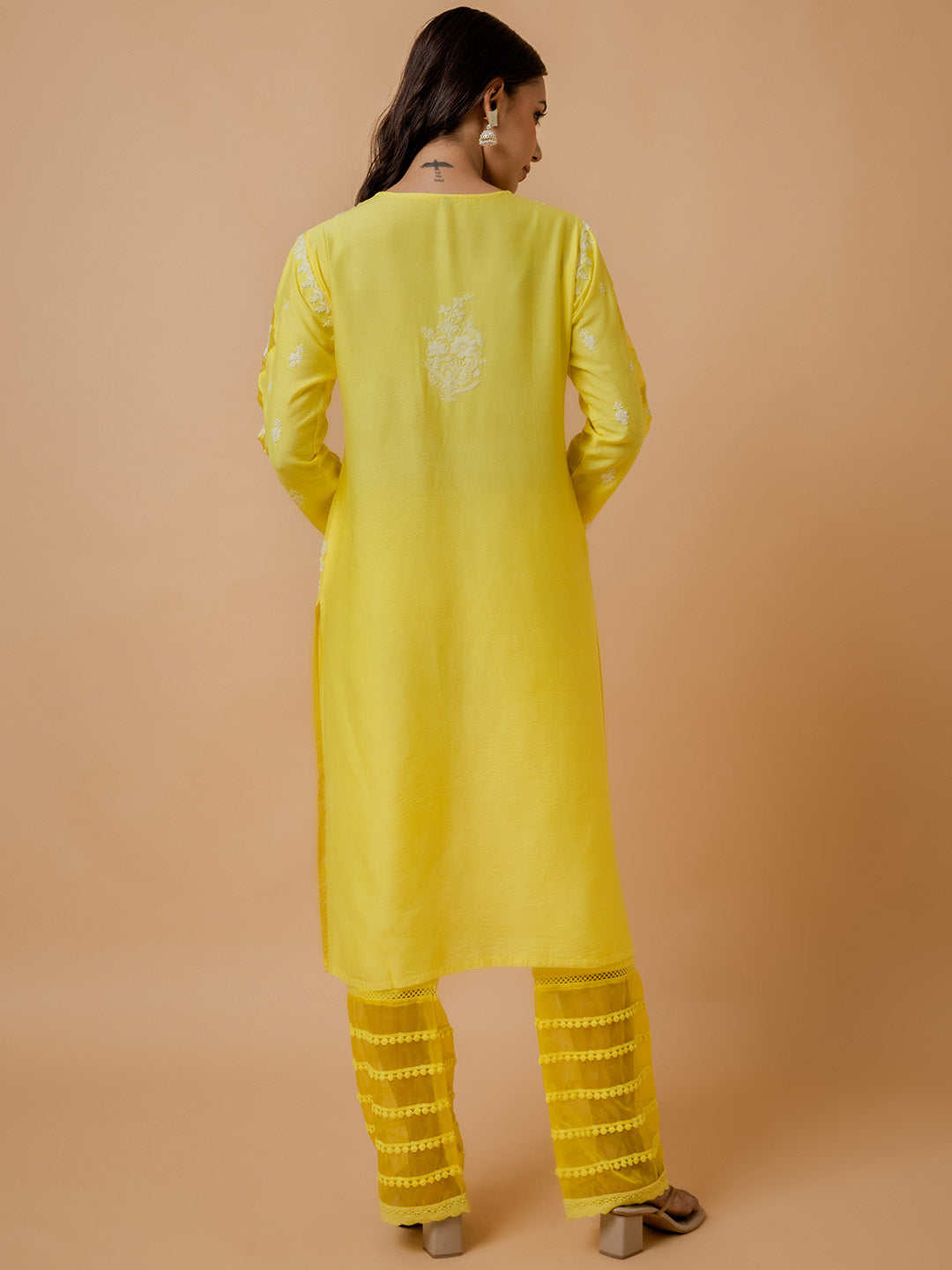 HOUSE OF KARI Ethnic Motifs Embroidered Round Neck Chikankari Chanderi Silk Kurta - Distacart