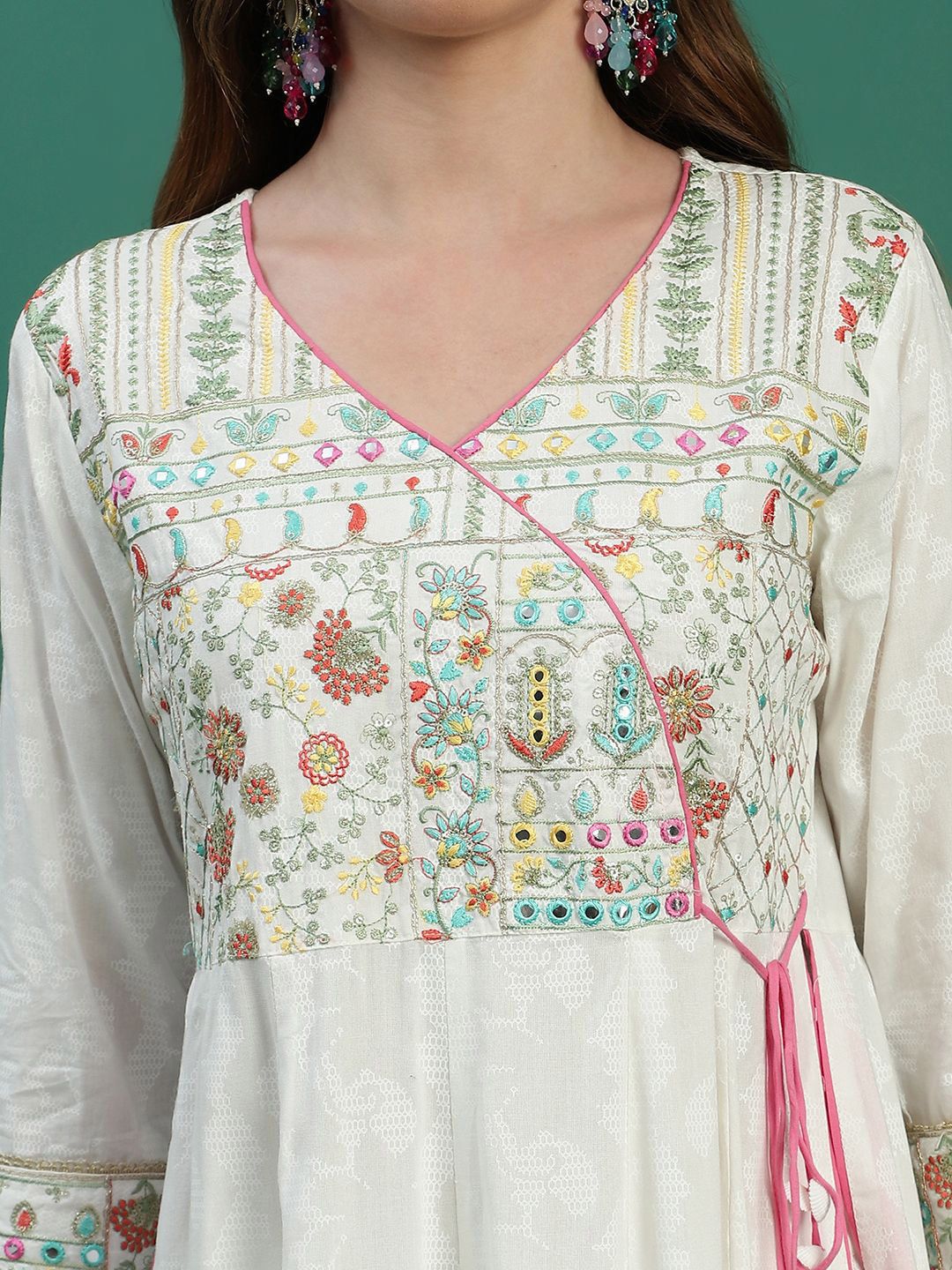 Sangria White Floral Embroidered Mirror Work Angarakha Kurta With Trousers & Dupatta - Distacart