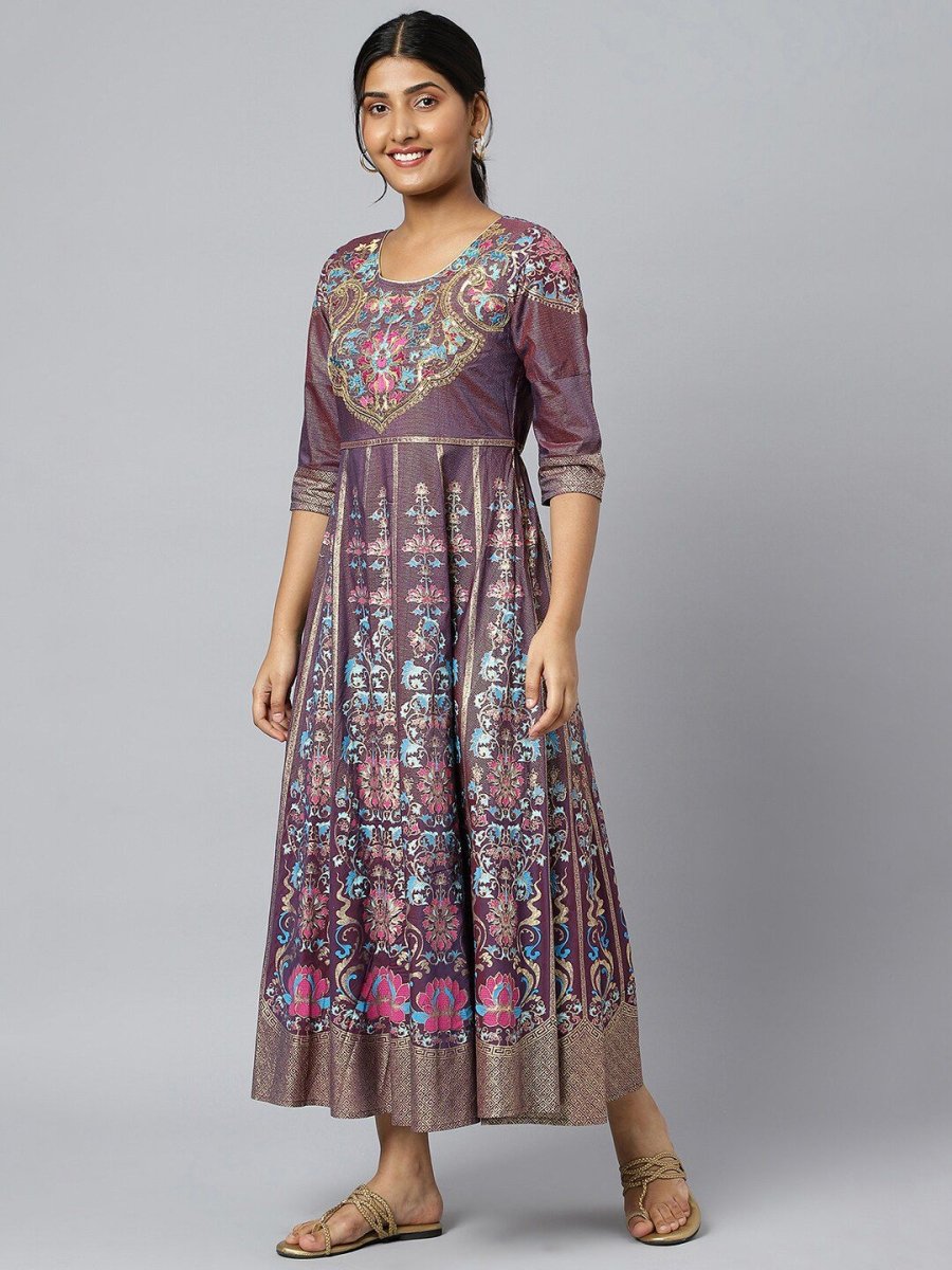AURELIA Purple & Gold Ethnic Motifs Printed Maxi Dress - Distacart