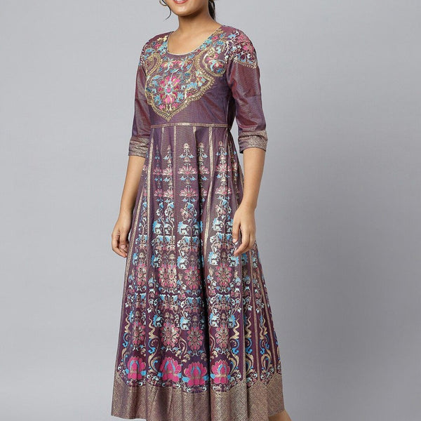 AURELIA Purple & Gold Ethnic Motifs Printed Maxi Dress - Distacart
