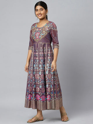 AURELIA Purple & Gold Ethnic Motifs Printed Maxi Dress - Distacart
