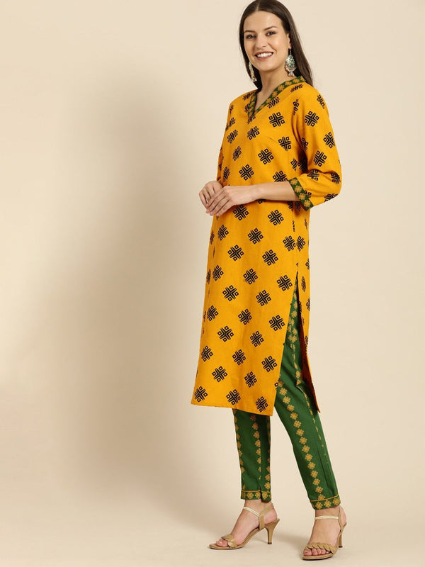 All About You Women Mustard Yellow Ethnic Motifs Printed Kurta with Green Printed Trousers - Distacart