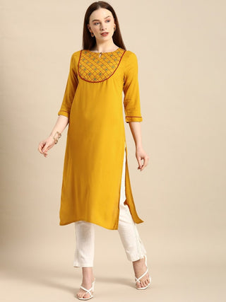All About You Women Mustard Yellow Ethnic Motifs Yoke Design Keyhole Neck Straight Kurta - Distacart
