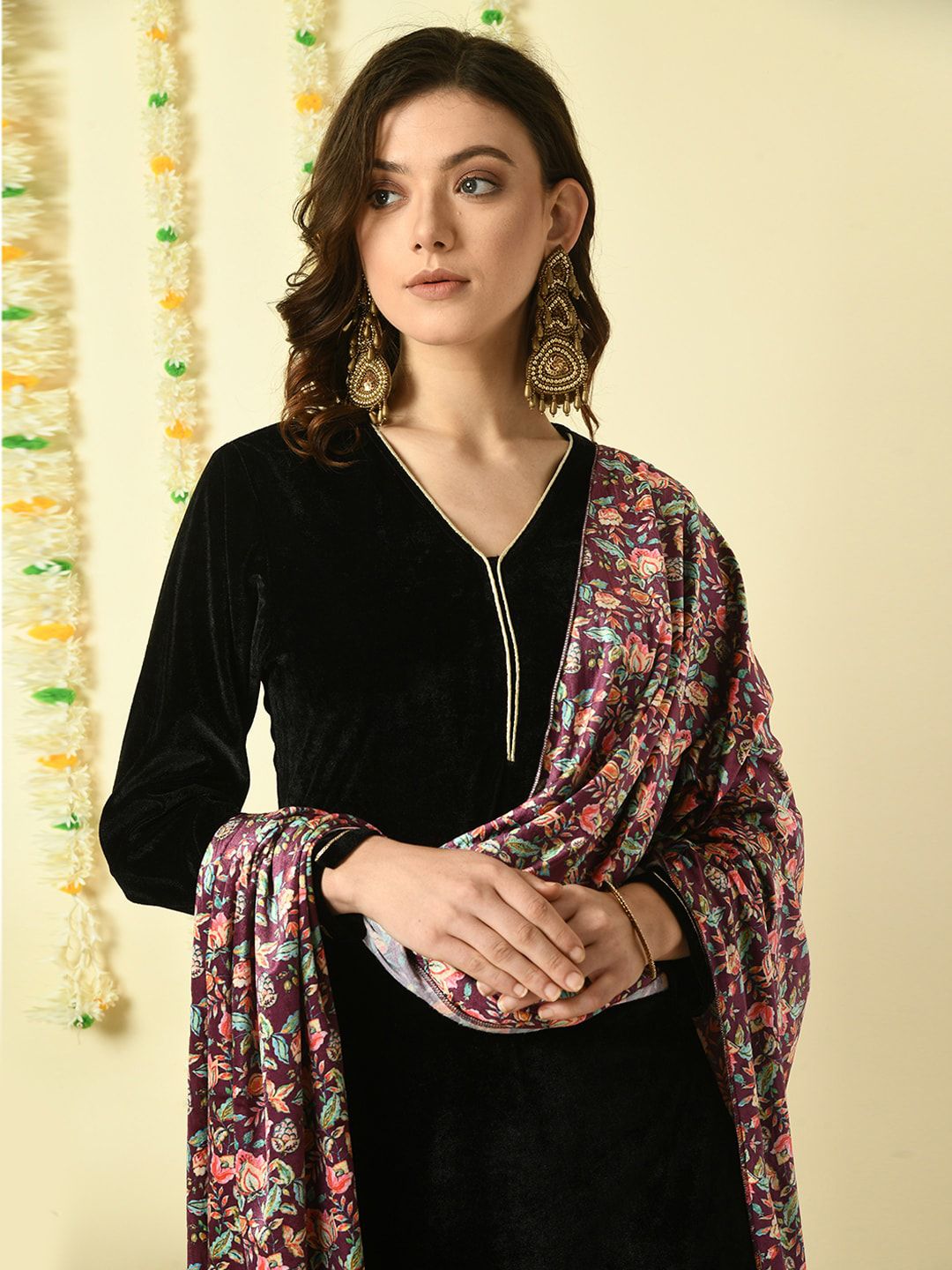 Kalini V Neck Long Sleeves Velvet Gotta Patti Straight Kurta with Trousers & Dupatta - Distacart