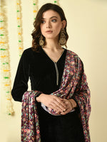Thumbnail for Kalini V Neck Long Sleeves Velvet Gotta Patti Straight Kurta with Trousers & Dupatta - Distacart
